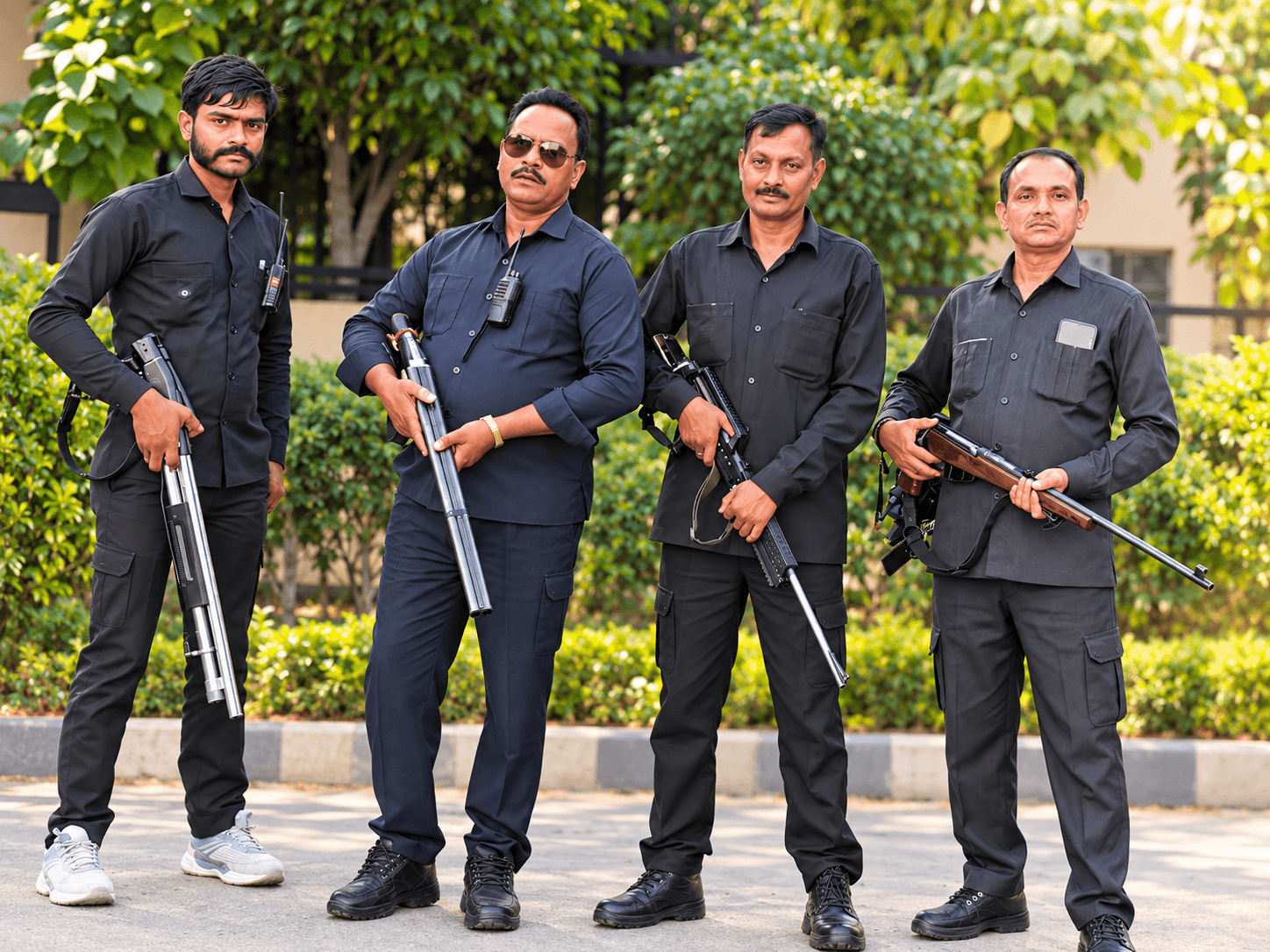 Four armed Defensary Alpha guards in black uniforms on outdoor duty in Lucknow