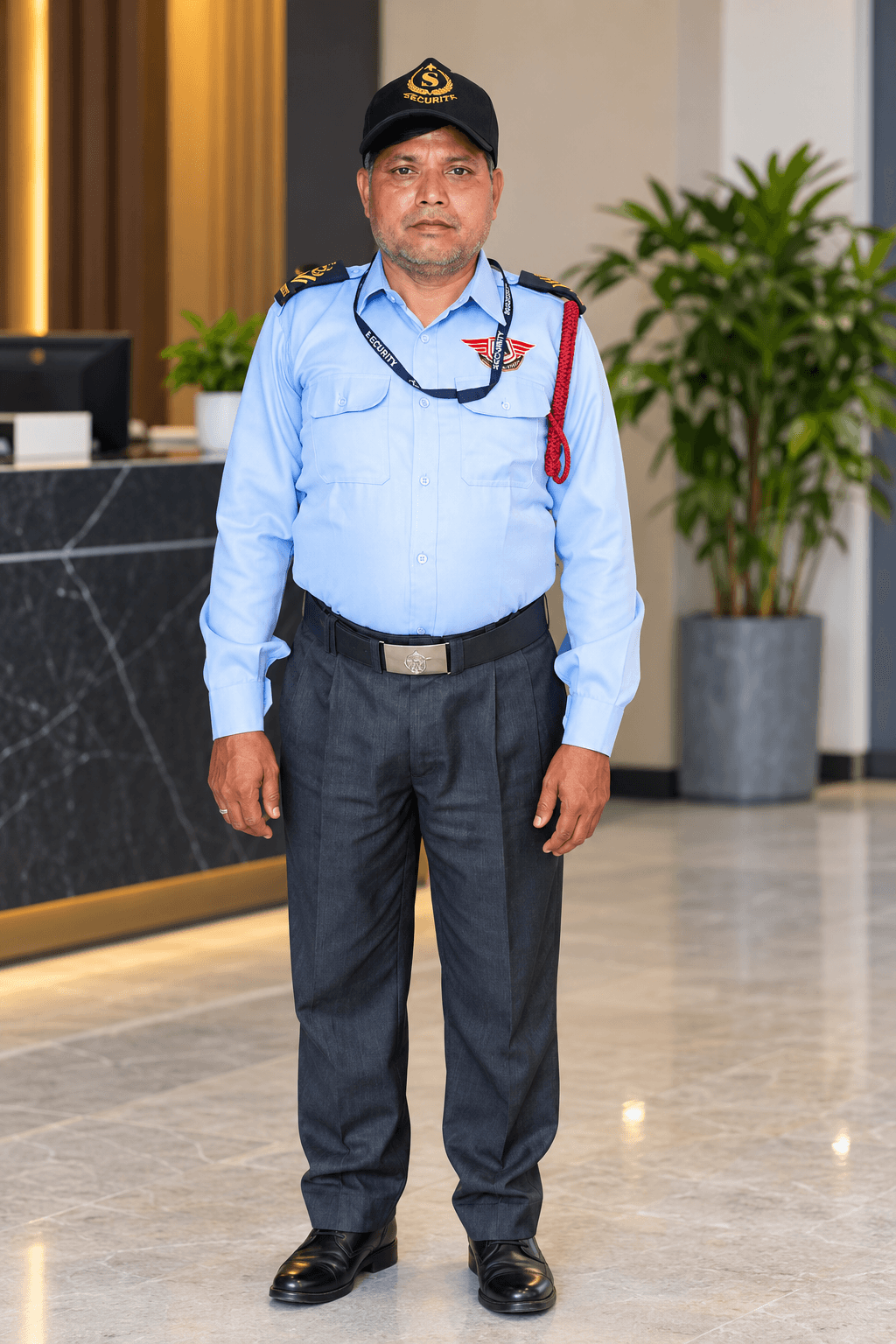 Defensary Alpha security guard on lobby duty in a Lucknow office