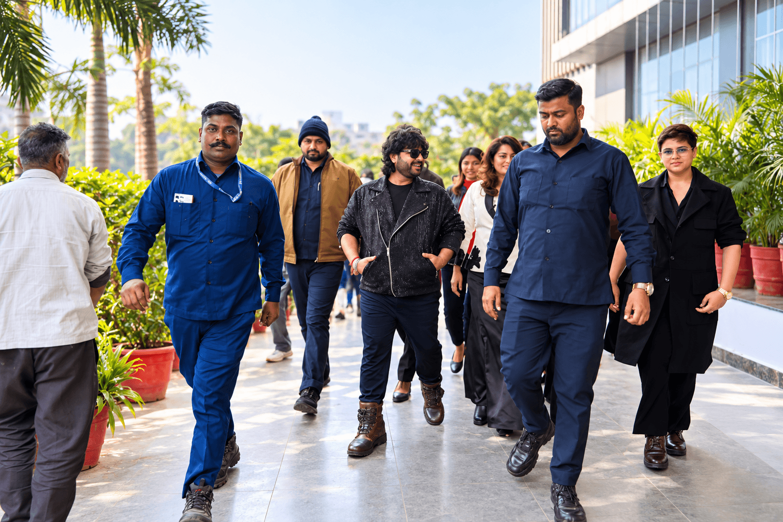 Defensary Alpha PSO team escorting a VIP outdoors in Lucknow