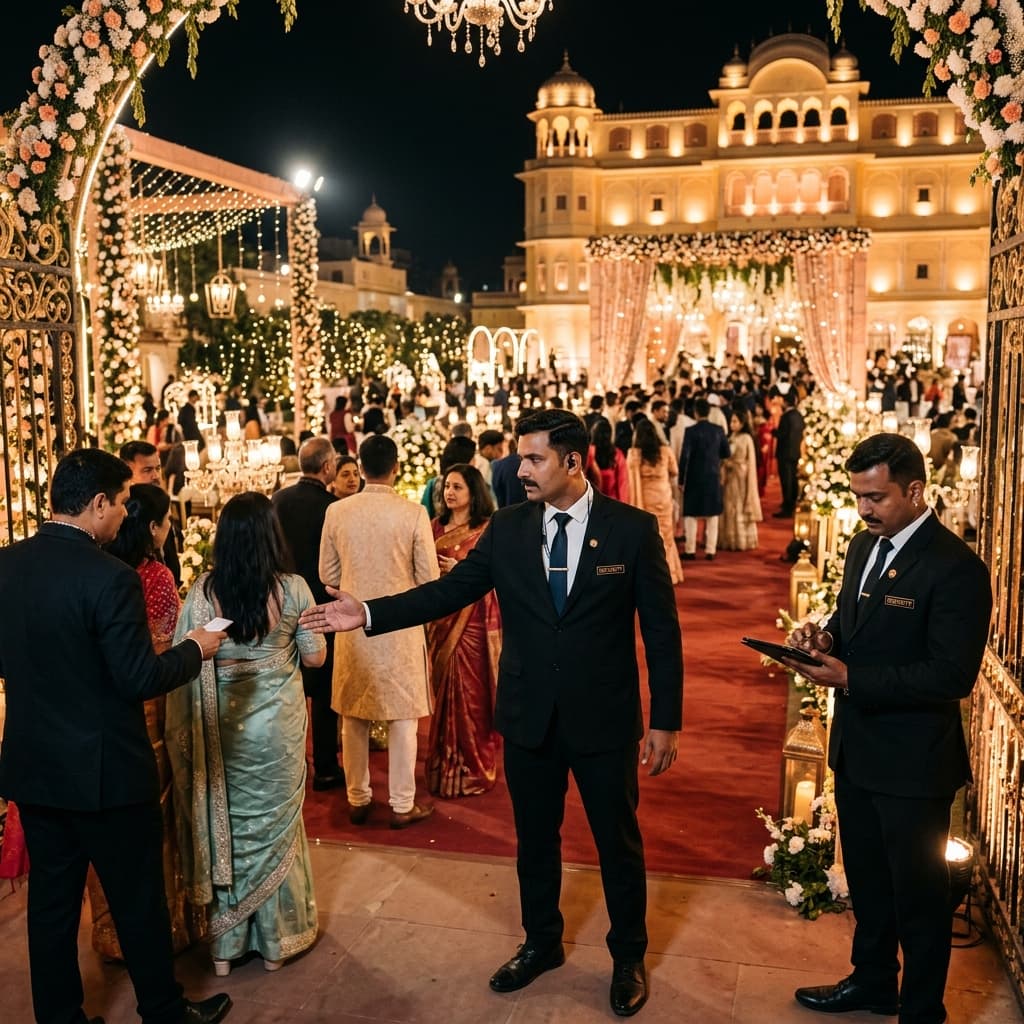 Event security team managing guest entry at a Lucknow wedding venue